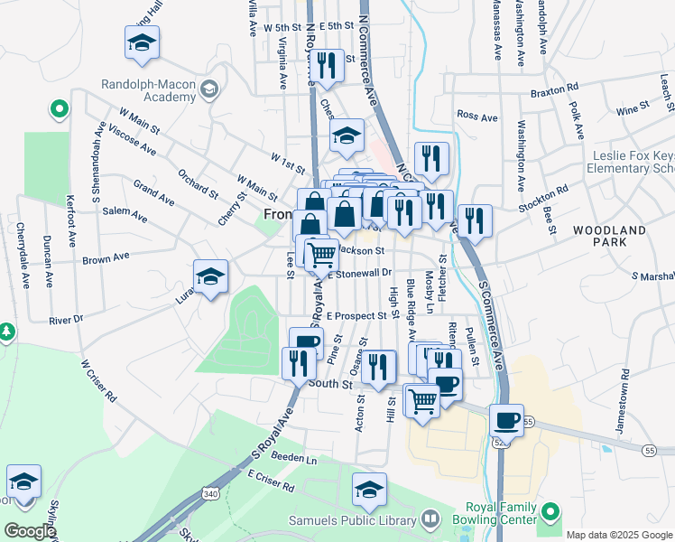 map of restaurants, bars, coffee shops, grocery stores, and more near 18 East Stonewall Drive in Front Royal