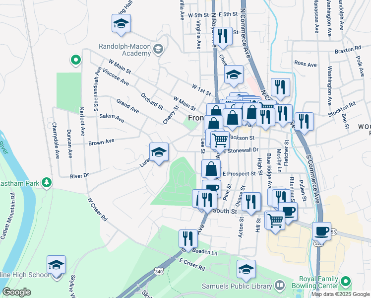 map of restaurants, bars, coffee shops, grocery stores, and more near 131 West Stonewall Drive in Front Royal