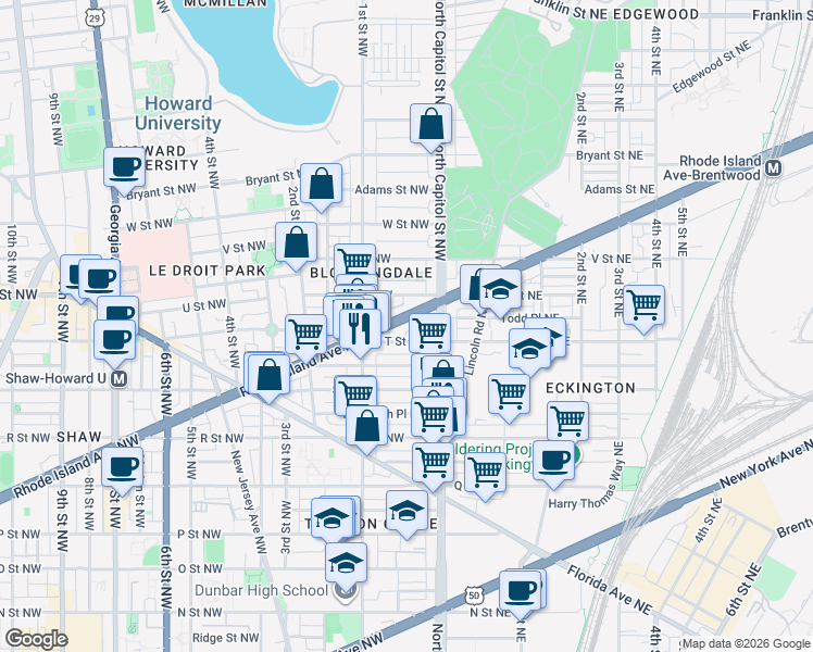 map of restaurants, bars, coffee shops, grocery stores, and more near 101 Independence Avenue Southeast in Washington