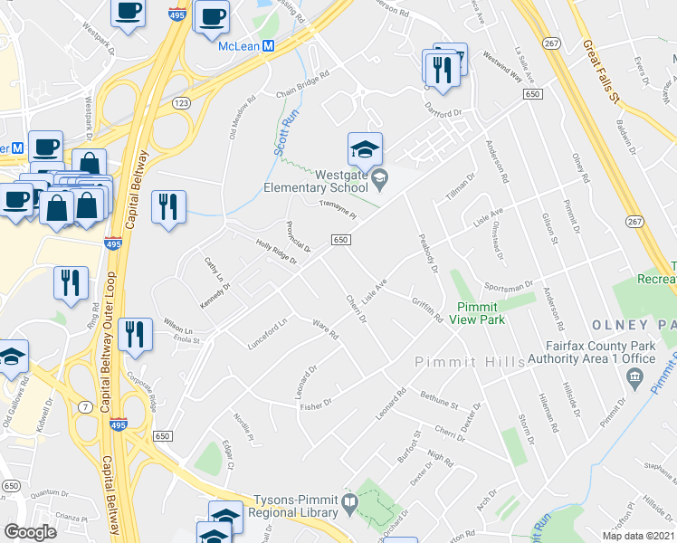 map of restaurants, bars, coffee shops, grocery stores, and more near 1835 Cherri Drive in Falls Church