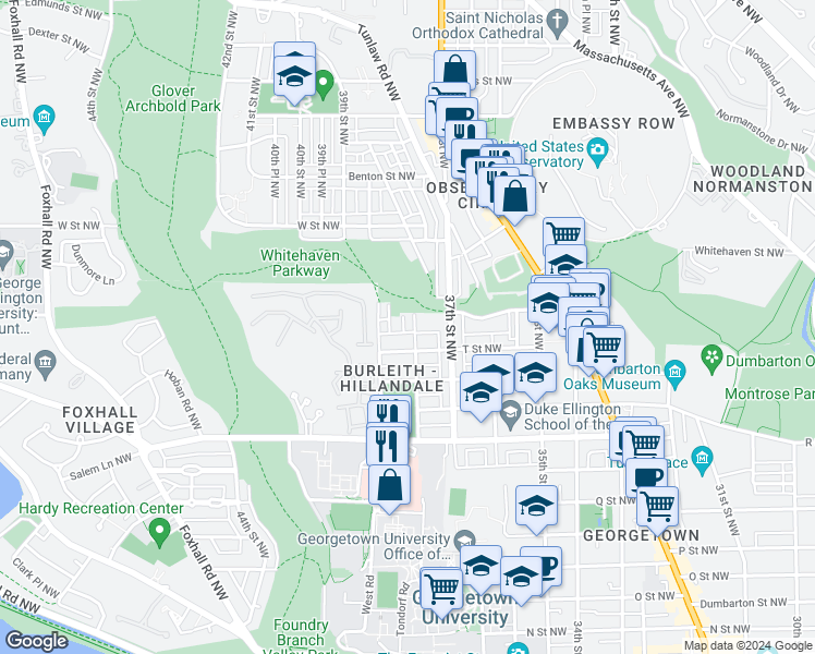 map of restaurants, bars, coffee shops, grocery stores, and more near 1922 38th Street Northwest in Washington