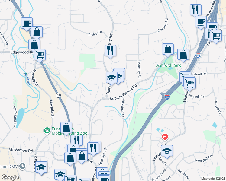 map of restaurants, bars, coffee shops, grocery stores, and more near 168 Dairy Road in Auburn