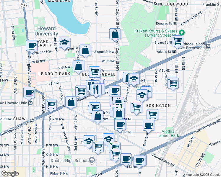map of restaurants, bars, coffee shops, grocery stores, and more near 34 Rhode Island Avenue Northwest in Washington