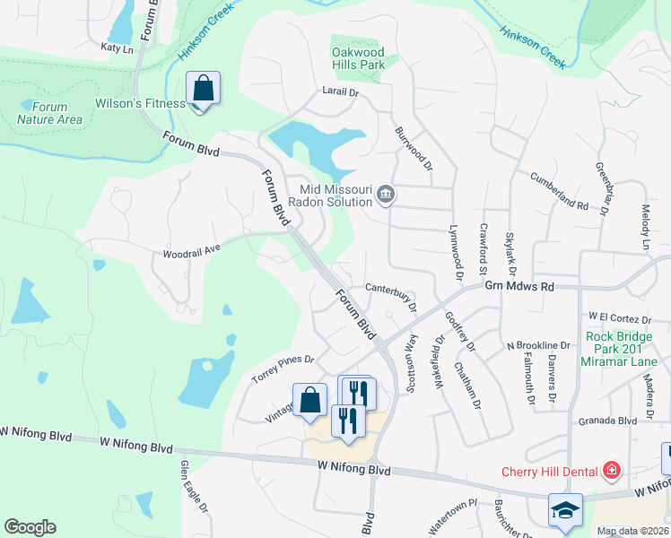 map of restaurants, bars, coffee shops, grocery stores, and more near 1117 Canterbury Drive in Columbia
