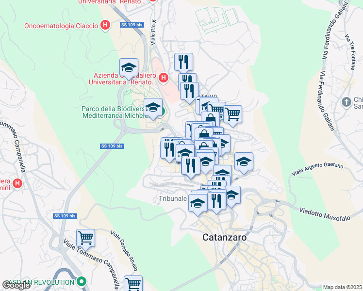 map of restaurants, bars, coffee shops, grocery stores, and more near Traversa Antonino Panella in Catanzaro