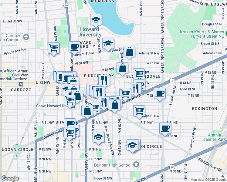 map of restaurants, bars, coffee shops, grocery stores, and more near 301 T Street Northwest in Washington