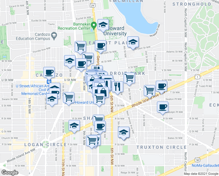 map of restaurants, bars, coffee shops, grocery stores, and more near 1908 6th Street Northwest in Washington