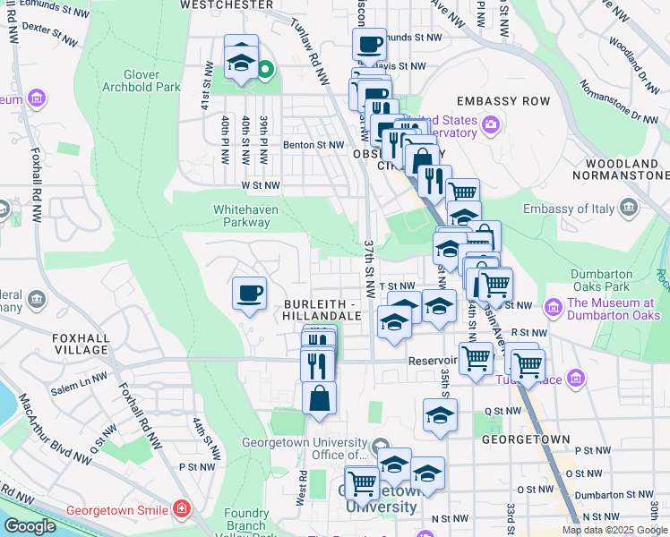 map of restaurants, bars, coffee shops, grocery stores, and more near 1922 38th Street Northwest in Washington