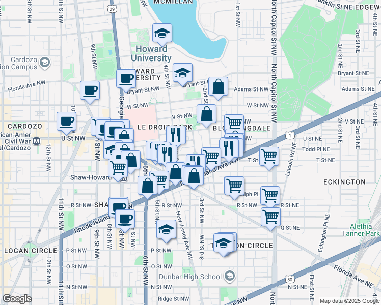 map of restaurants, bars, coffee shops, grocery stores, and more near 301 T Street Northwest in Washington