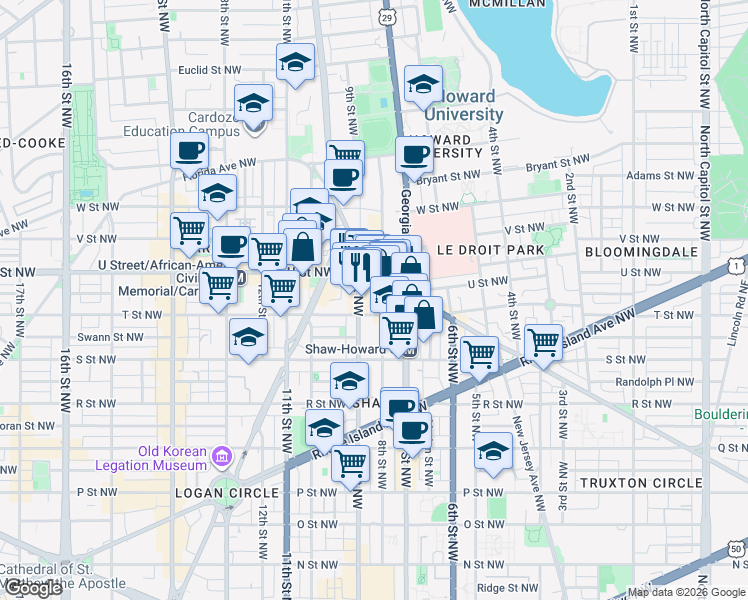map of restaurants, bars, coffee shops, grocery stores, and more near 1912 8th Street Northwest in Washington