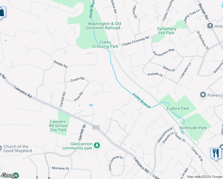 map of restaurants, bars, coffee shops, grocery stores, and more near 9808 Bridleridge Court in Vienna