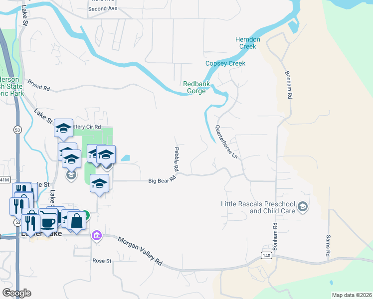 map of restaurants, bars, coffee shops, grocery stores, and more near 16845 Pebble Court in Lower Lake