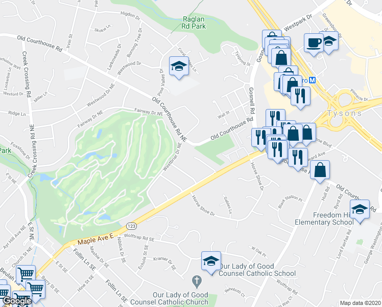map of restaurants, bars, coffee shops, grocery stores, and more near 117 Saratoga Waye Northeast in Vienna