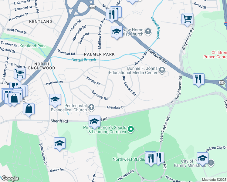 map of restaurants, bars, coffee shops, grocery stores, and more near 7843 Burnside Road in Hyattsville