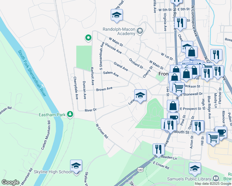 map of restaurants, bars, coffee shops, grocery stores, and more near 329 Druid Hill in Front Royal