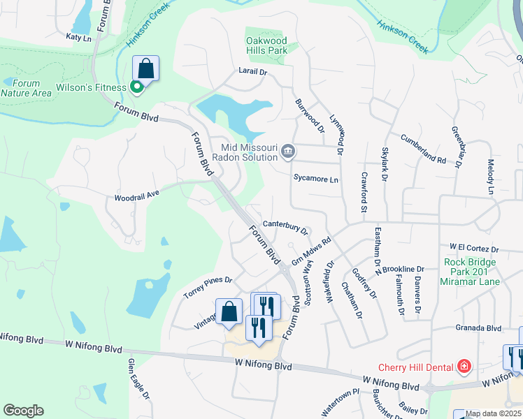 map of restaurants, bars, coffee shops, grocery stores, and more near 1125 Canterbury Drive in Columbia