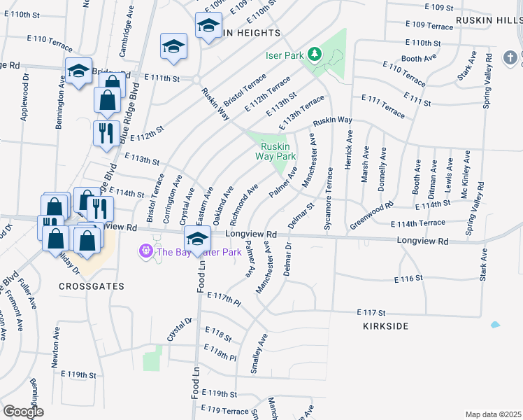 map of restaurants, bars, coffee shops, grocery stores, and more near 11419 Palmer Avenue in Kansas City