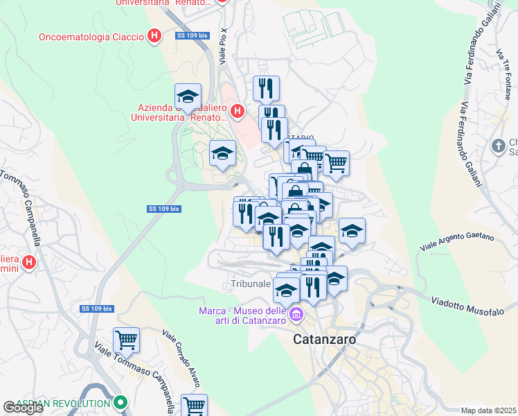 map of restaurants, bars, coffee shops, grocery stores, and more near Traversa Antonino Panella in Catanzaro