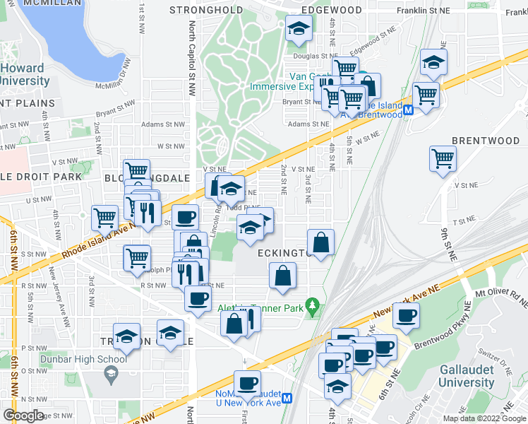 map of restaurants, bars, coffee shops, grocery stores, and more near 153 Todd Place Northeast in Washington