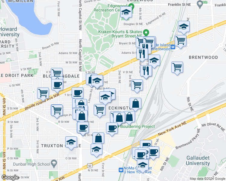 map of restaurants, bars, coffee shops, grocery stores, and more near 161 Todd Place Northeast in Washington