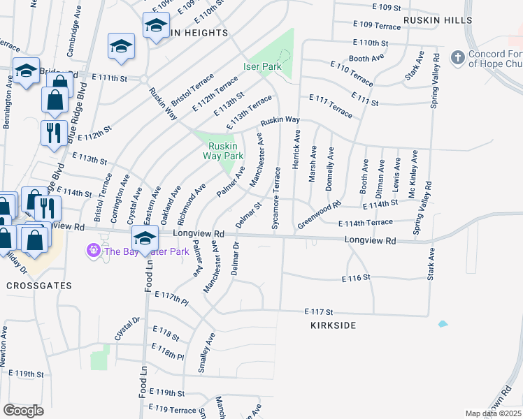 map of restaurants, bars, coffee shops, grocery stores, and more near 11405 Delmar Street in Kansas City