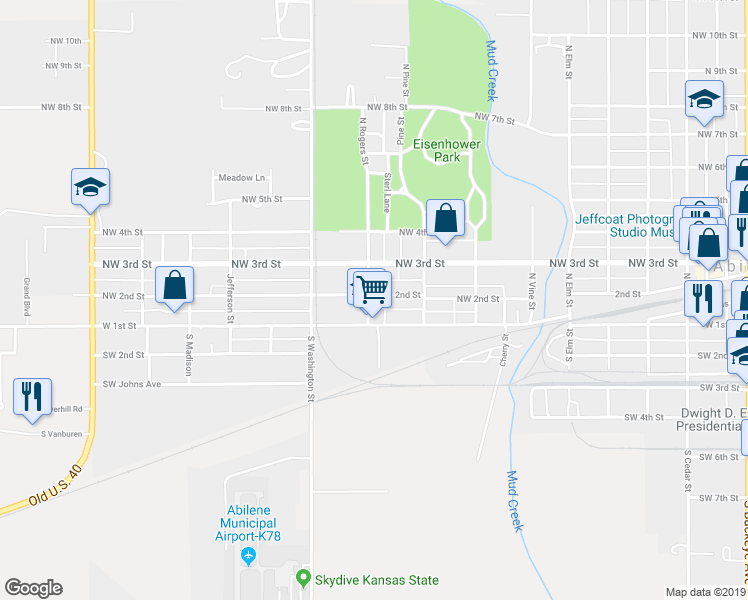 map of restaurants, bars, coffee shops, grocery stores, and more near 1021 Northwest 2nd Street in Abilene