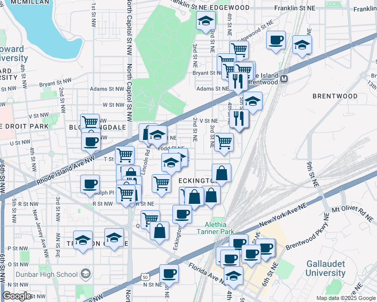 map of restaurants, bars, coffee shops, grocery stores, and more near 175 Todd Place Northeast in Washington