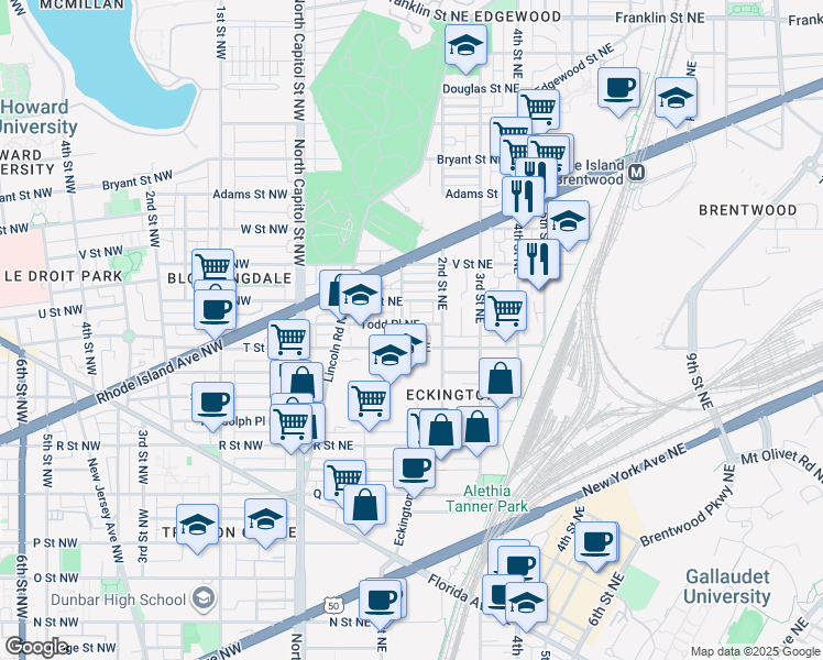 map of restaurants, bars, coffee shops, grocery stores, and more near 153 Todd Place Northeast in Washington