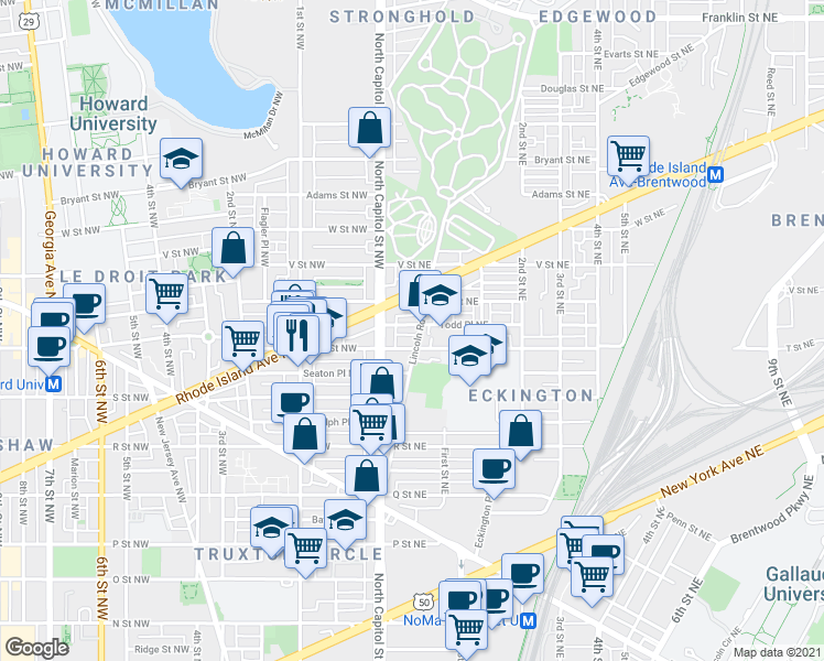 map of restaurants, bars, coffee shops, grocery stores, and more near 101 Independence Avenue Southeast in Washington