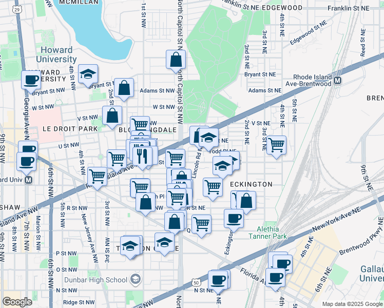 map of restaurants, bars, coffee shops, grocery stores, and more near 101 Independence Avenue Southeast in Washington
