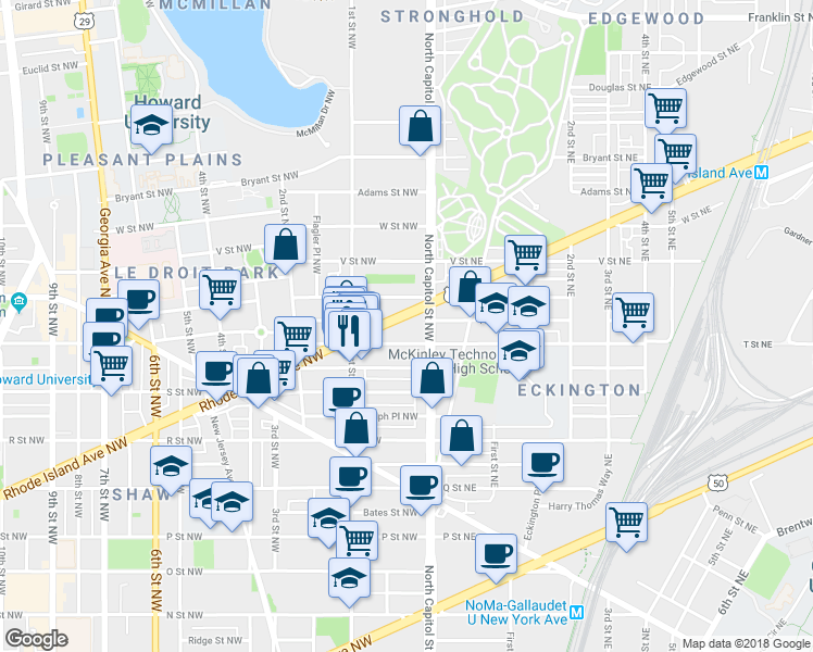 map of restaurants, bars, coffee shops, grocery stores, and more near 101 Independence Avenue Southeast in Washington