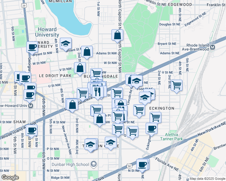 map of restaurants, bars, coffee shops, grocery stores, and more near 32 Rhode Island Avenue Northwest in Washington