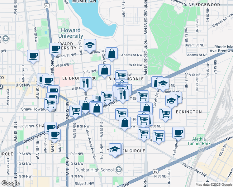map of restaurants, bars, coffee shops, grocery stores, and more near 101 Independence Avenue Southeast in Washington