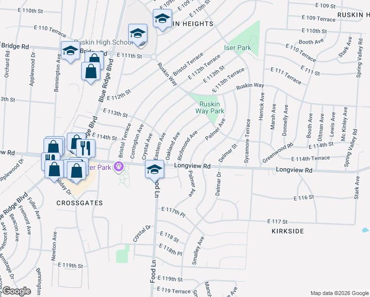 map of restaurants, bars, coffee shops, grocery stores, and more near 11427 Richmond Avenue in Kansas City