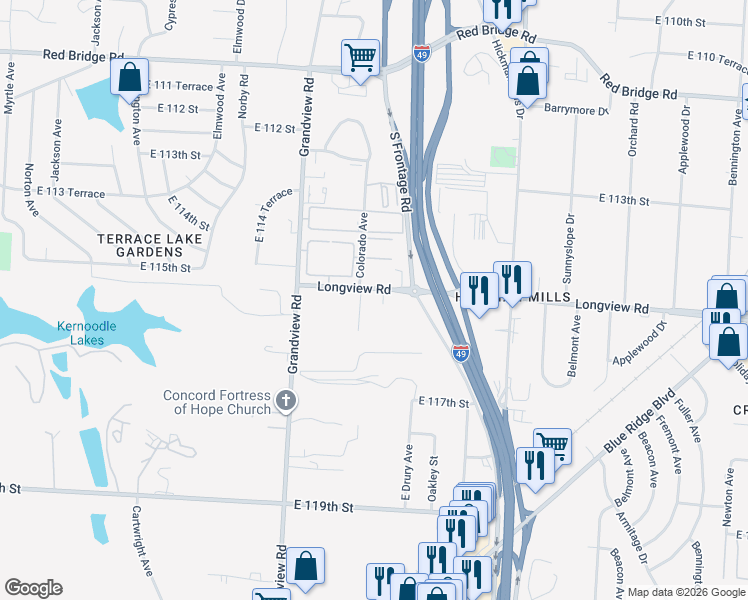 map of restaurants, bars, coffee shops, grocery stores, and more near 5201 Longview Road in Kansas City