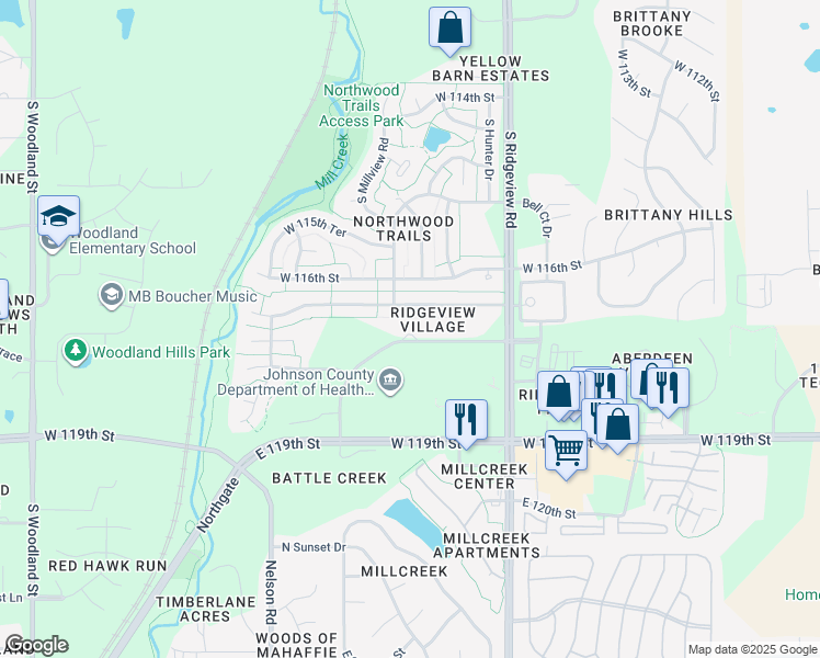 map of restaurants, bars, coffee shops, grocery stores, and more near 11860 South Sunset Drive in Olathe