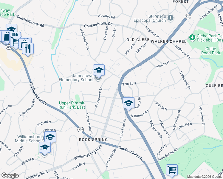 map of restaurants, bars, coffee shops, grocery stores, and more near 4818 37th Street North in Arlington