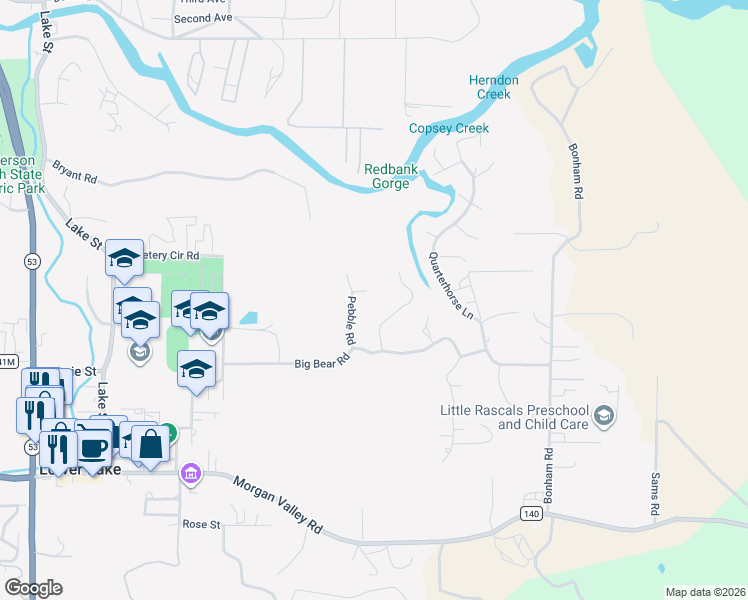 map of restaurants, bars, coffee shops, grocery stores, and more near 16845 Pebble Court in Lower Lake