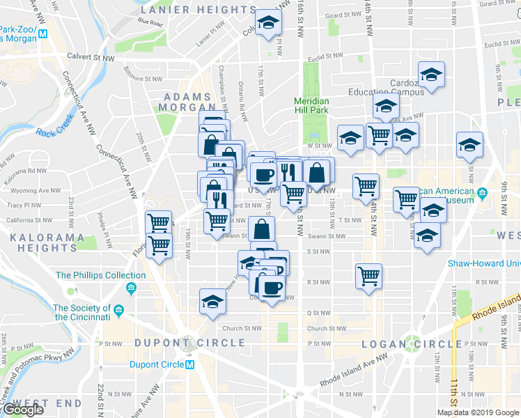 map of restaurants, bars, coffee shops, grocery stores, and more near 1916 17th Street Northwest in Washington