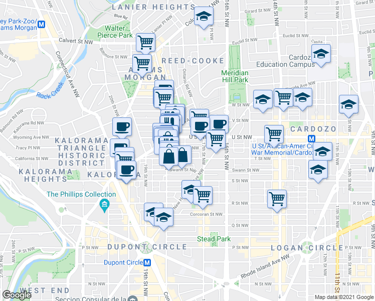 map of restaurants, bars, coffee shops, grocery stores, and more near 1736 Willard Street Northwest in Washington