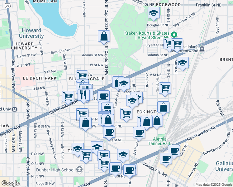 map of restaurants, bars, coffee shops, grocery stores, and more near 35 Todd Place Northeast in Washington