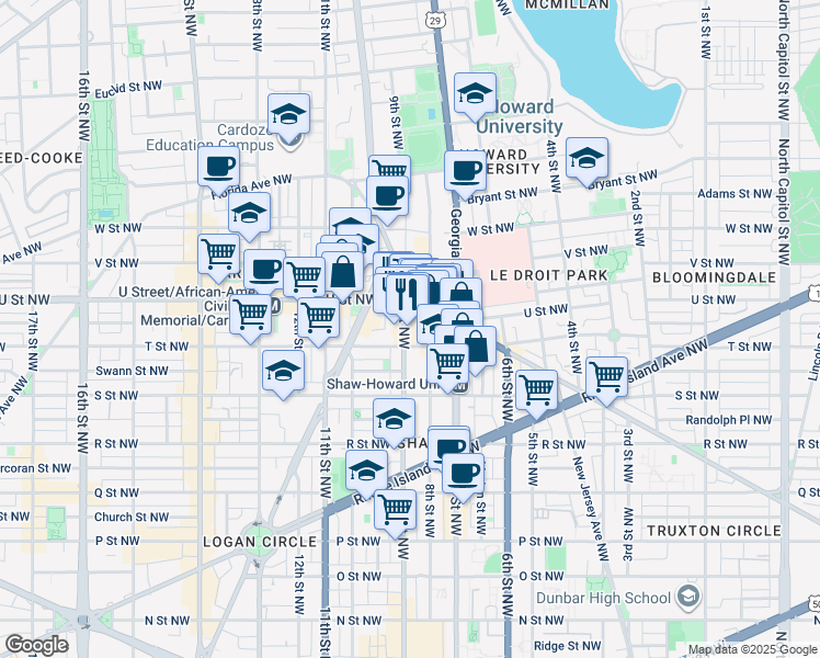 map of restaurants, bars, coffee shops, grocery stores, and more near 101 Independence Avenue Southeast in Washington