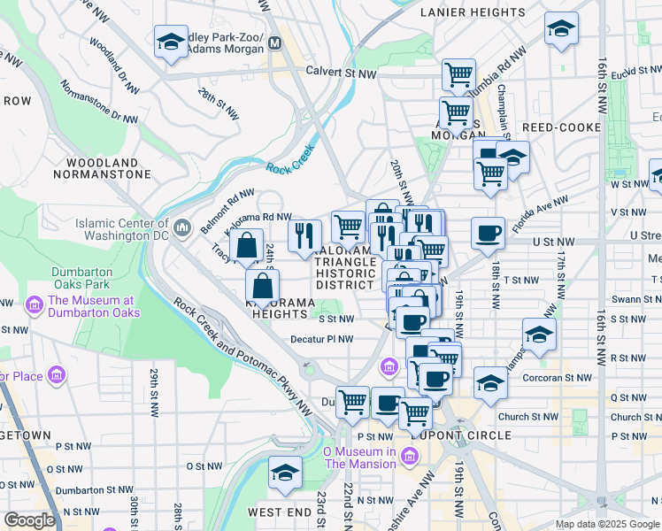 map of restaurants, bars, coffee shops, grocery stores, and more near 2219 California Street Northwest in Washington