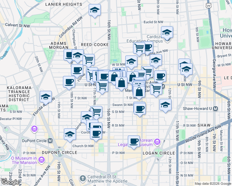 map of restaurants, bars, coffee shops, grocery stores, and more near 1514 Caroline Street Northwest in Washington