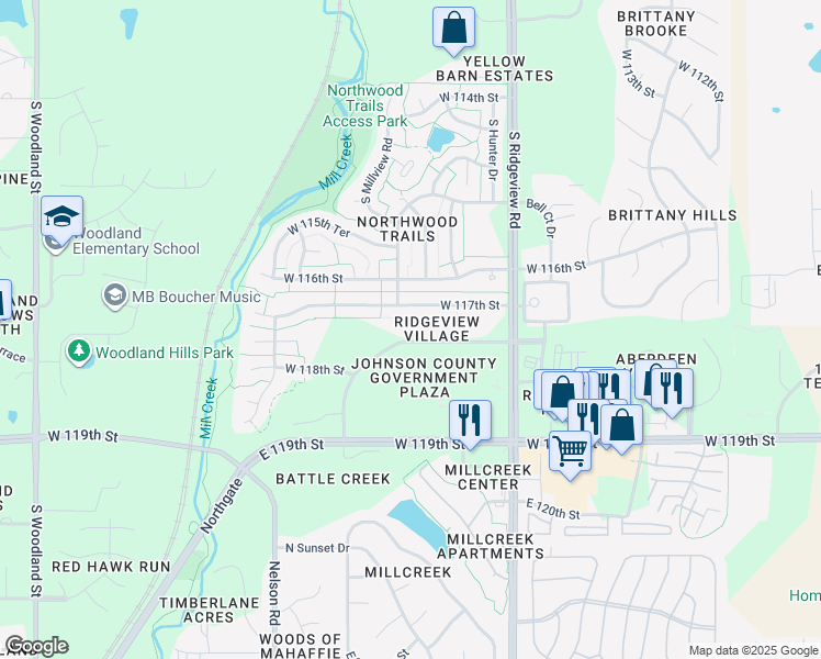 map of restaurants, bars, coffee shops, grocery stores, and more near 11860 South Sunset Drive in Olathe