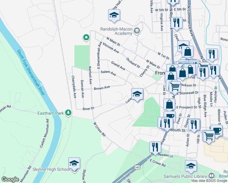 map of restaurants, bars, coffee shops, grocery stores, and more near 329 Druid Hill in Front Royal