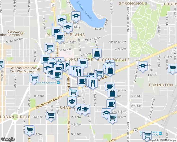 map of restaurants, bars, coffee shops, grocery stores, and more near 307 T Street Northwest in Washington