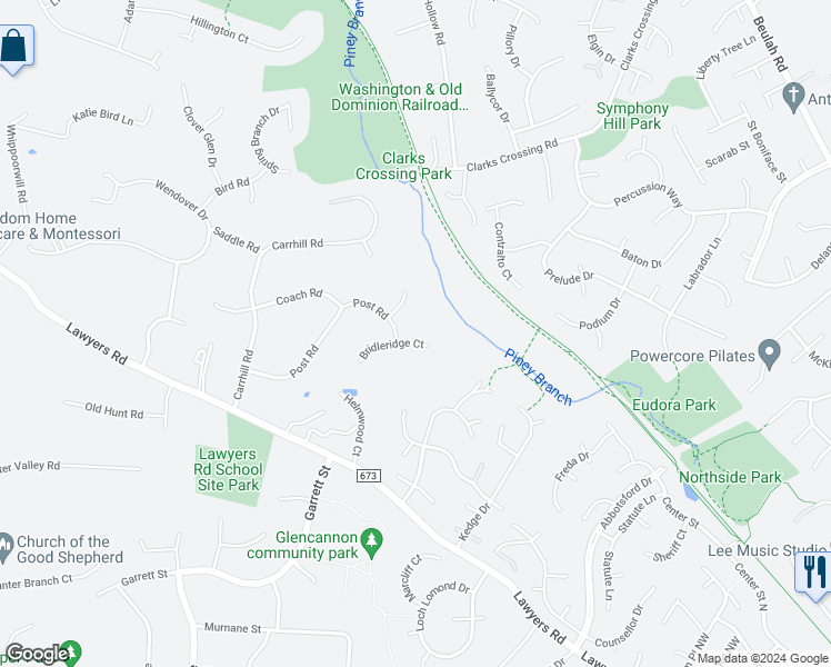 map of restaurants, bars, coffee shops, grocery stores, and more near 9810 Bridleridge Court in Vienna