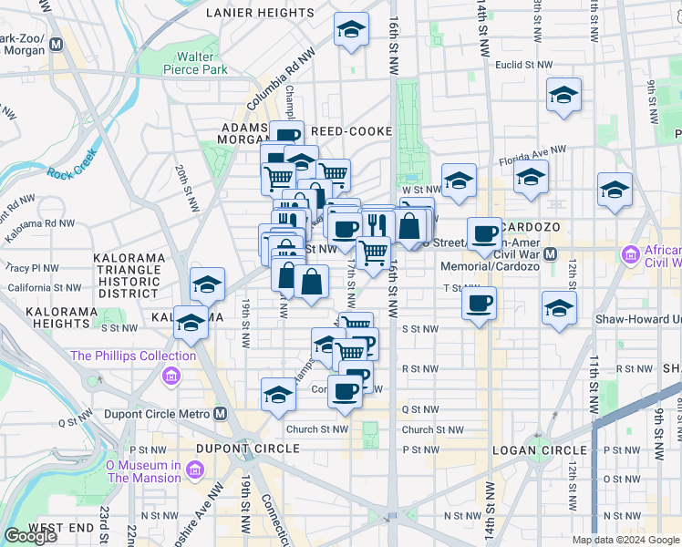 map of restaurants, bars, coffee shops, grocery stores, and more near 1916 17th Street Northwest in Washington