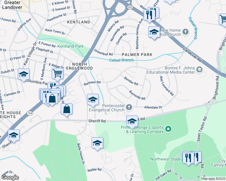 map of restaurants, bars, coffee shops, grocery stores, and more near 7609 Burnside Road in Greater Landover